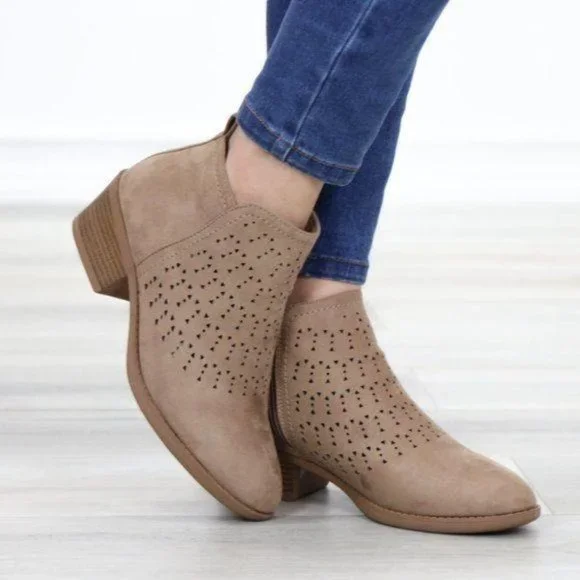 Boho Ankle Boots Taupe Suede Booties Low Heel Laser Cut Design With Zipper - Picture 7 of 11
